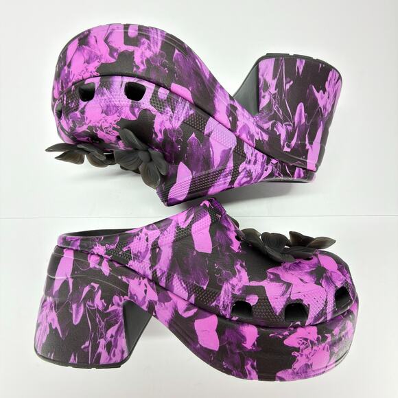 Crocs Siren Hyper Floral Clog Purple Black Women Size 9 High Heel 4" Mules Retro - Picture 5 of 13
